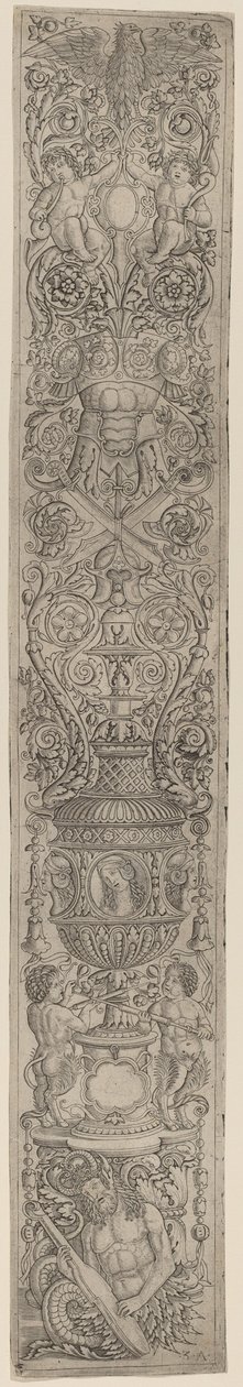 Ornamentpanel: Triton og Two Infant Satyrs af Giovanni Pietro Birago and Zoan Andrea