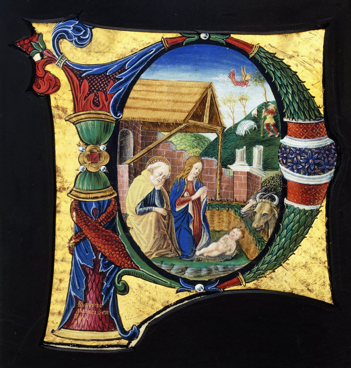 En stor historisk initial "P", der viser en julekrybbe, ca. 1490 af Giovanni Pietro Medici Da Crema