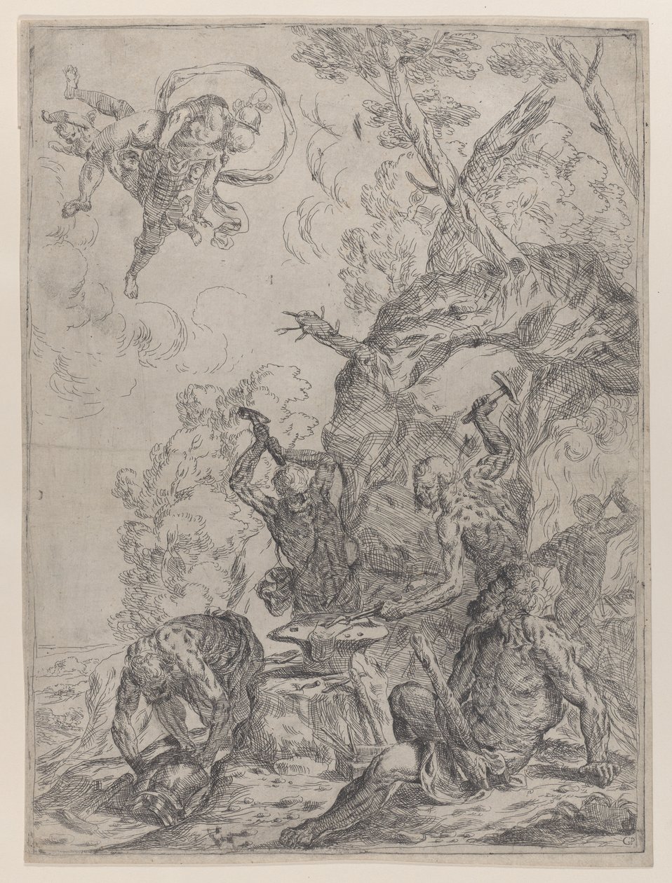 Vulcans smedje med smede, der slår en ambolt med hamre..., 1640-59. af Giovanni Pietro Possenti
