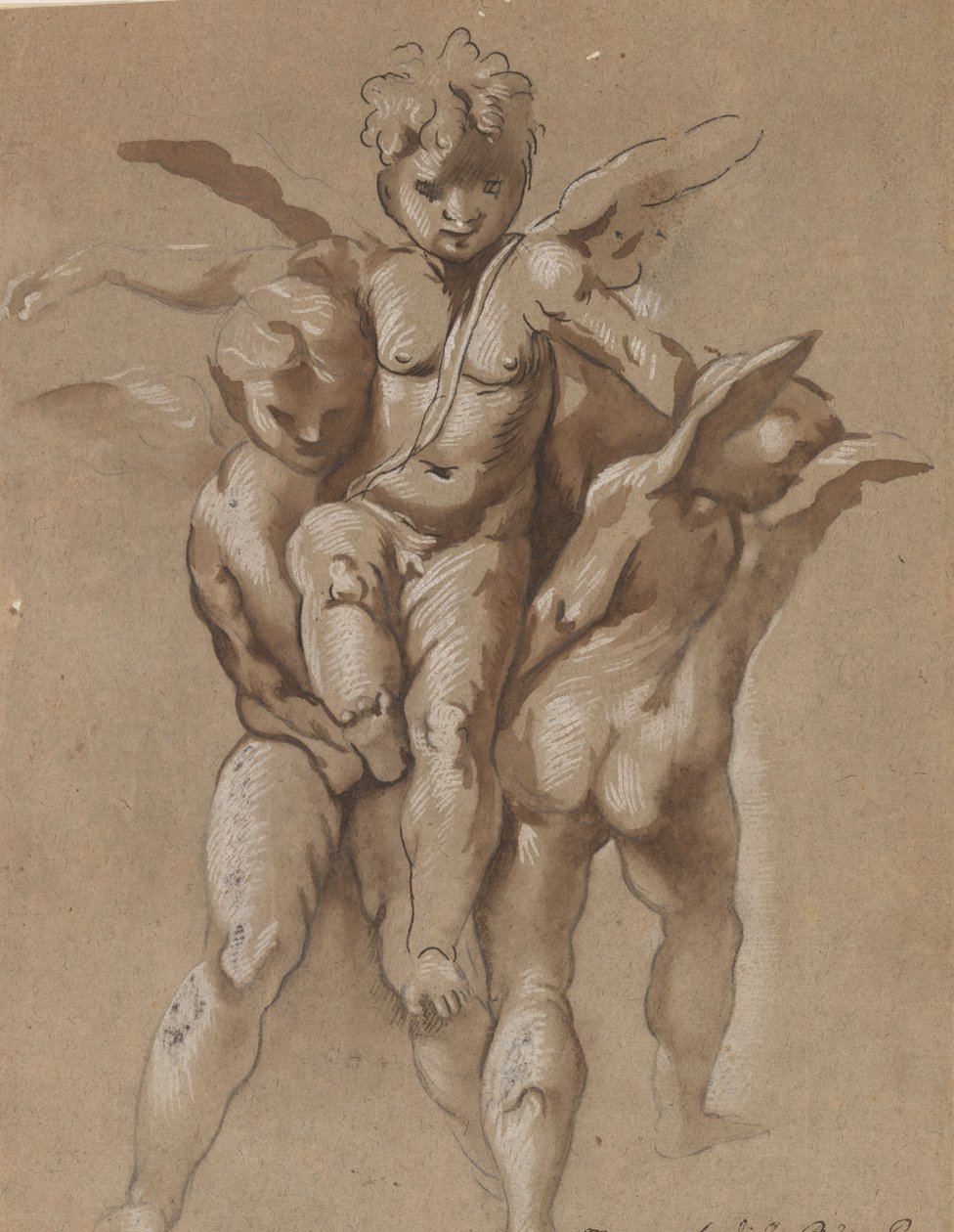 To Putti, der bærer en tredje Putti (recto); En ung med en stab (verso) af Giovanni Pietro Possenti
