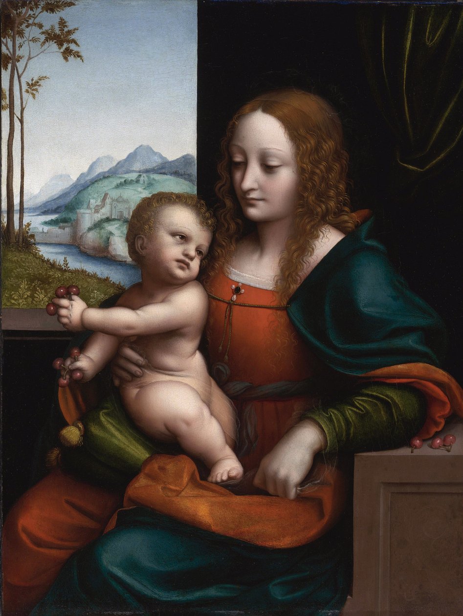 "Madonna med kirsebær" Maleri af Giovan Pietro Rizzoli (Ricci eller Rizzi) kendt som Giampietrino (aktiv mellem 1508 og 1549) Privat samling af Giovanni Pietro Rizzoli Giampietrino