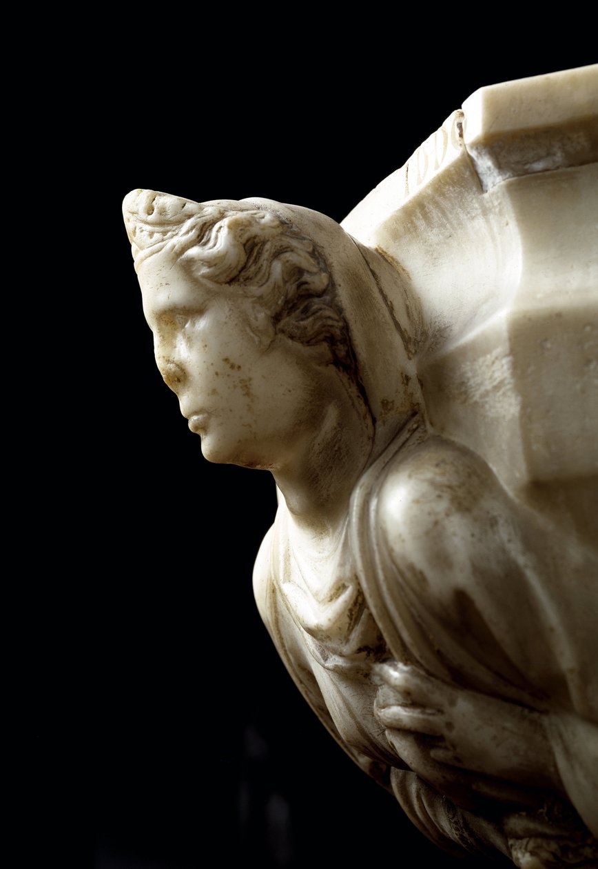 Benitier ved søjlen dekorerer de tre teologiske dyder og a la vat decoree af busterne af de fire kardinaldyder - detalje (Marmor stoup med søjle med de tre teologiske dyder og vandfont med de fire kardinaldyder) Skulptur af af Giovanni Pisano