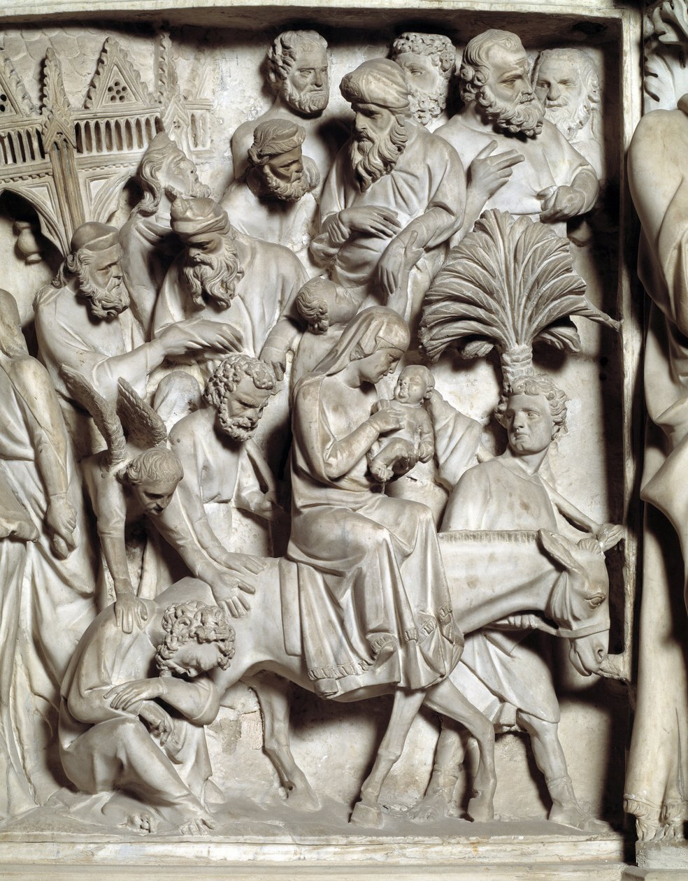 Detalje af relieffer af stolen realiseret af Giovanni Pisano (1248-1314): Detalje af relieffer af marmorprædikestolen, flugt ind i Egypten 1302-1311 Cathedrale de Pisa (Duomo di Pisa), Italien af Giovanni Pisano