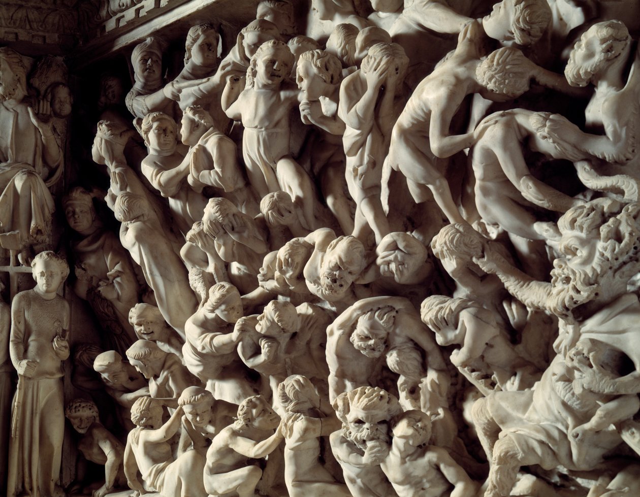 Detalje af reliefferne af stolen realiseret af Giovanni Pisano (1248-1314): damns (Detaljer af relieffer af marmorprædikestolen) 1302-1311 Cathedrale de Pisa (Duomo di Pisa), Italien af Giovanni Pisano