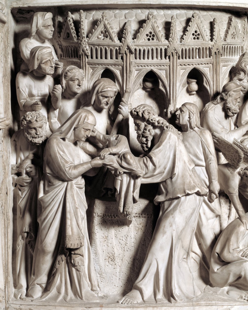 Detalje af reliefferne af stolen realiseret af Giovanni Pisano (1248-1314): præsentationen af Jesus ved templet (Detaljer af relieffer af marmorprædikestolen) 1302-1311 Cathedrale of Pisa (Duomo di Pisa), Italien af Giovanni Pisano