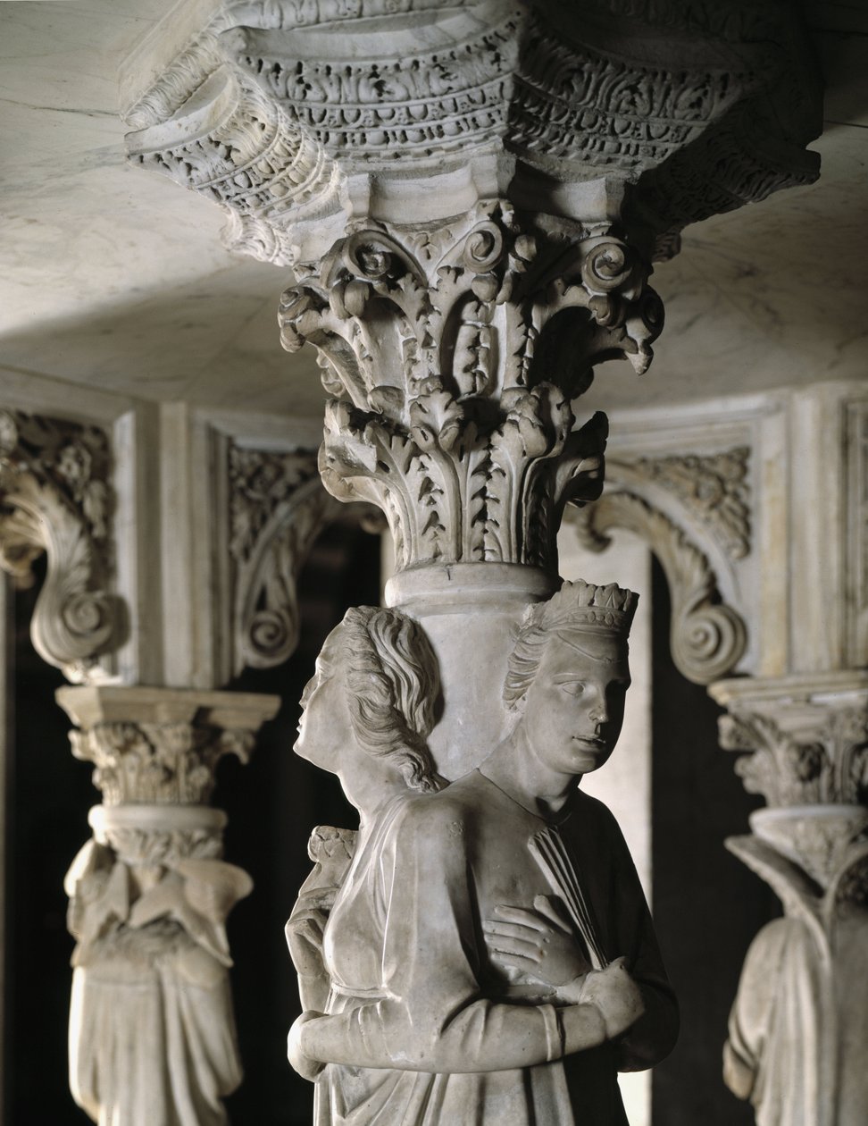 Detalje af de skulpturelle grupper, der understøtter stolen, realiseret af Giovanni Pisano (1248-1314): Theologales Vertus (Detalje af skulpturerne, der understøtter marmorprædikestolen, de teologiske dyder) 1302-1311 Cathedrale de Pisa (Duomo di Pisa), It af Giovanni Pisano