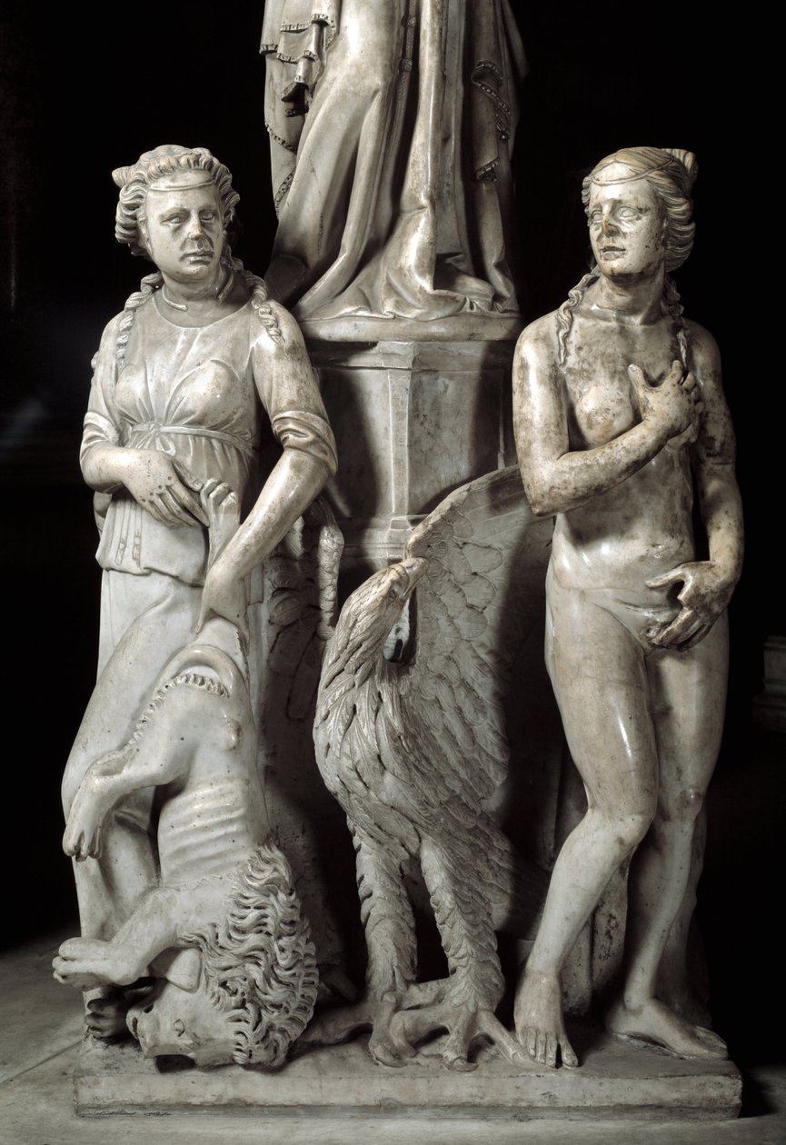 Detalje af de skulpturerede grupper, der understøtter stolen, realiseret af Giovanni Pisano (1248-1314): to kardinaldyder (Detalje af skulpturerne, der understøtter marmorprædikestolen, to kardinaldyder) 1302-1311 Cathedrale de Pisa (Duomo di Pisa), Italie af Giovanni Pisano