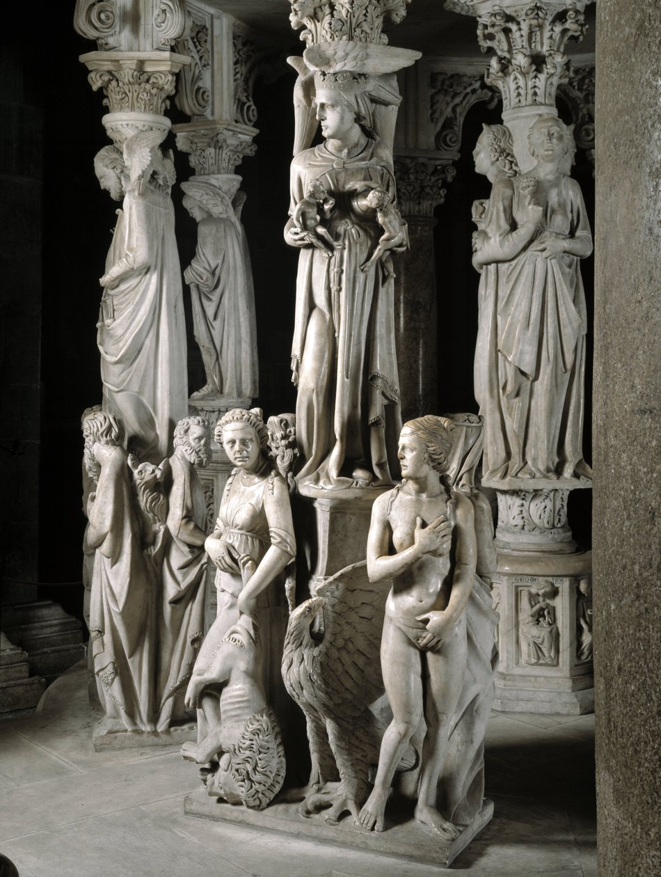 Detalje af de skulpturelle grupper, der støtter stolen, realiseret af Giovanni Pisano (1248-1314): Kirken fodrer sine børn og to af de fire kardinaldyder (Detalje af skulpturerne, der understøtter marmorprædikestolen, Kirken fodrer sine børn og to kardinal af Giovanni Pisano