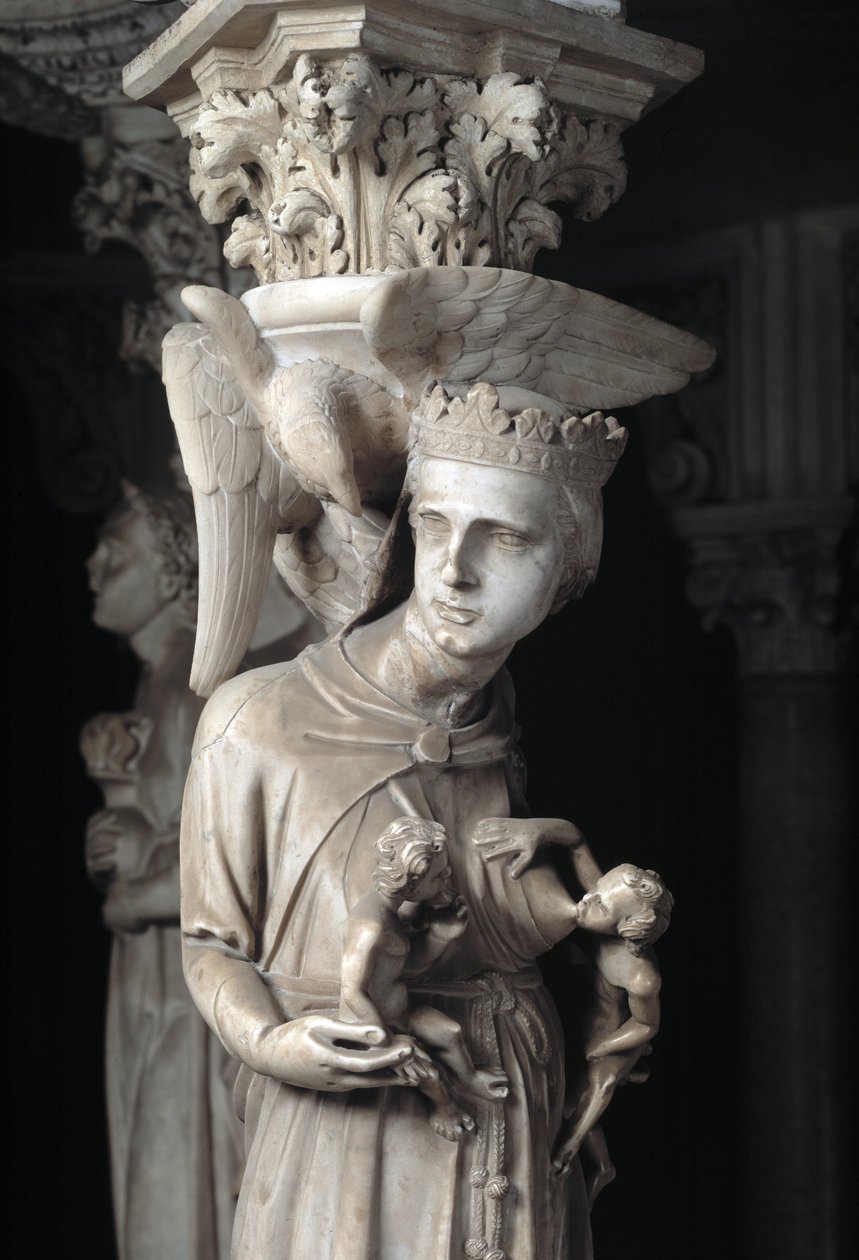 Detalje af de skulpturelle grupper, der støtter stolen, realiseret af Giovanni Pisano (1248-1314): Kirken nærer sine børn (Detalje af skulpturerne, der understøtter marmorprædikestolen, kirken fodrer hendes børn) 1302-1311 Cathedrale de Pisa (Duomo di Pis af Giovanni Pisano