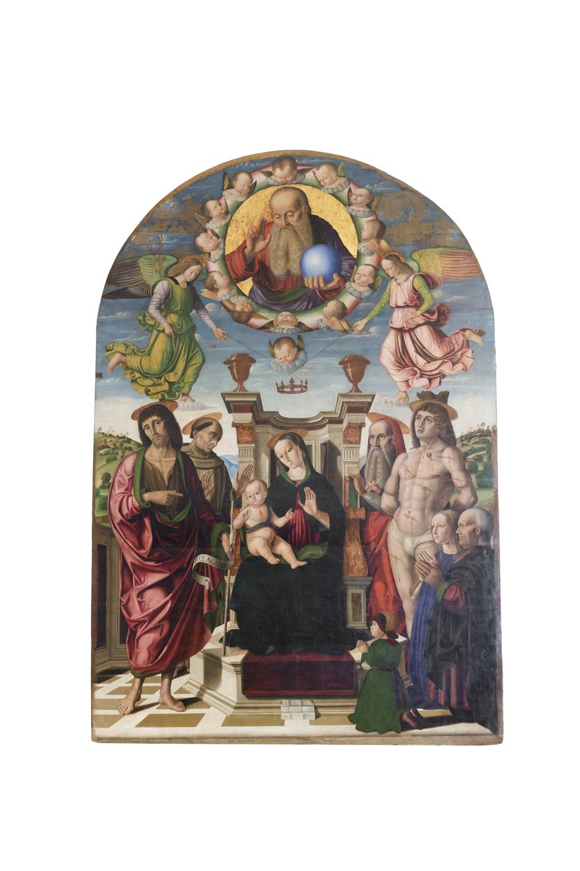 Madonna og barn troner sammen med helgener af Giovanni Santi
