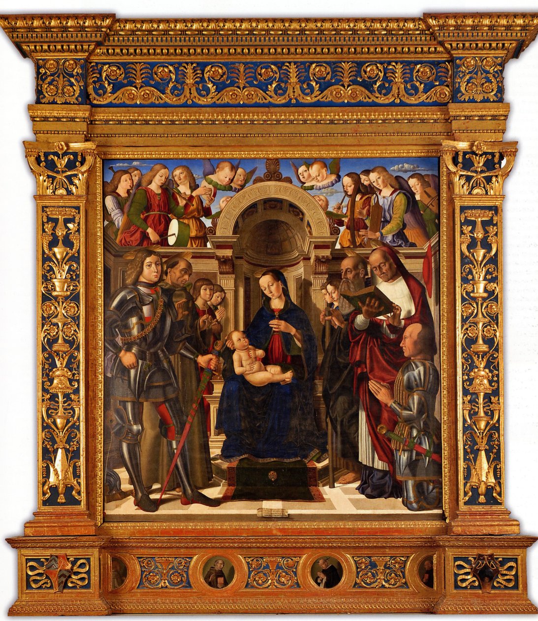 Pala Oliva. Madonna og barn troner mellem de hellige George, Frans af Assisi..., 1489. af Giovanni Santi