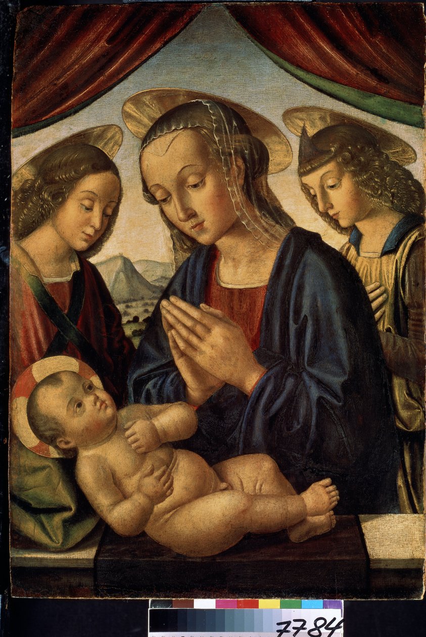 Jomfruen og barnet med engle (Jomfru og barn med engle). Jesu Kristi glorie er markeret med et kors. Maleri af Giovanni di Sante di Pietro eller Giovanni Santi eller Sanzio (cirka 1435-1494). Tempera på træ, 62 x 44 cm af Giovanni Santi or Sanzio