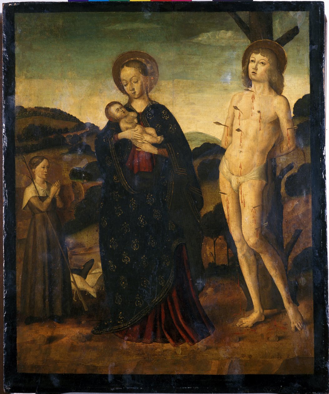 Madonna og barn med Skt. Sebastian og en hyrdinde (tempera på poppeltræ) af Giovanni Santi or Sanzio