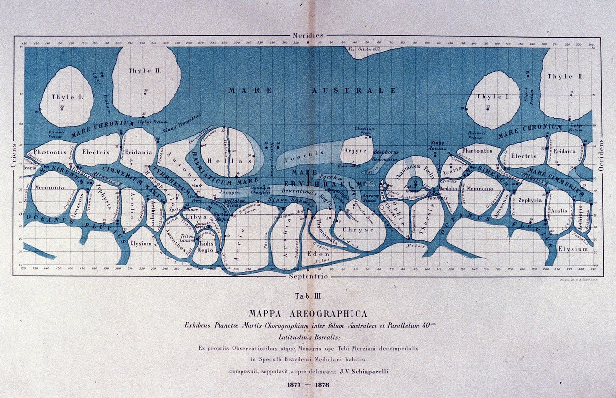 Kort over planeten Mars af Giovanni Virginio Schiaparelli (1835-1910) astrofysiker. Han observerede retlinede konfigurationer på planeten Mars, som han kaldte Mars-kanalerne (canali). 1877-1878 af Giovanni Schiaparelli