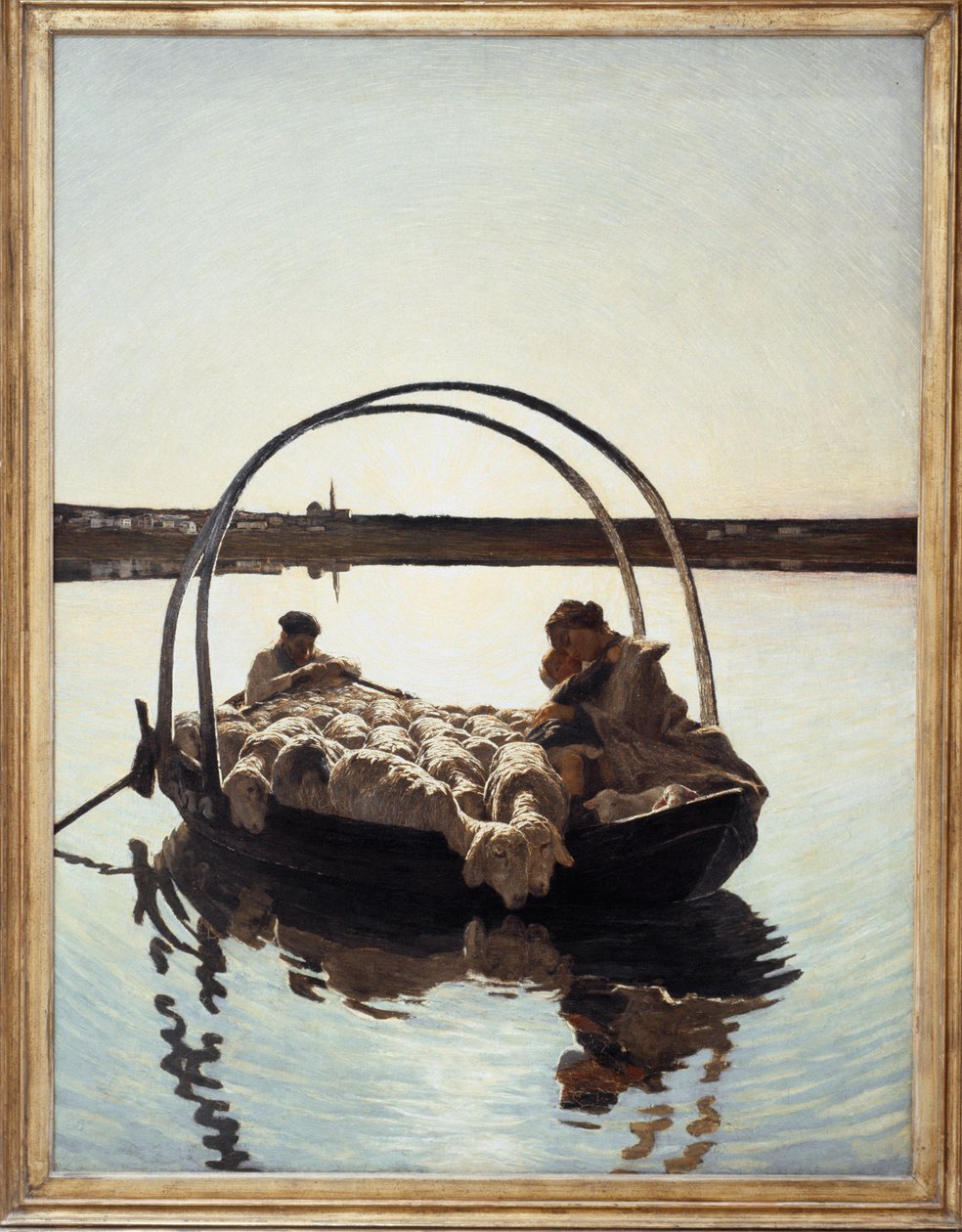 Ave Maria: En mor holder sit barn mod sig med en flok får på en færge, der krydser en flod af Giovanni Segantini