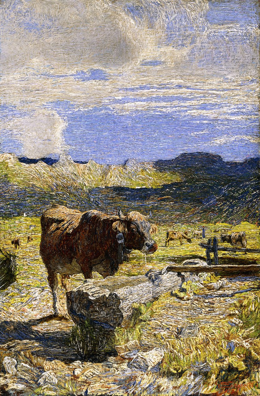 Brun ko drikker af et trug, 1892 af Giovanni Segantini