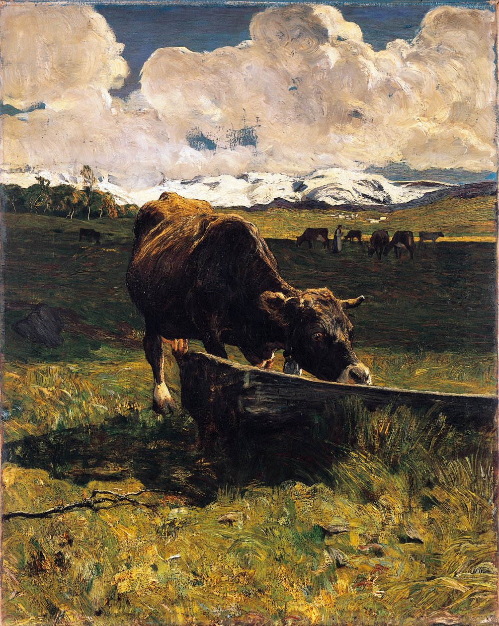 Brun ko ved trug af Giovanni Segantini (1858-1899), olie på lærred, 88x69 cm af Giovanni Segantini