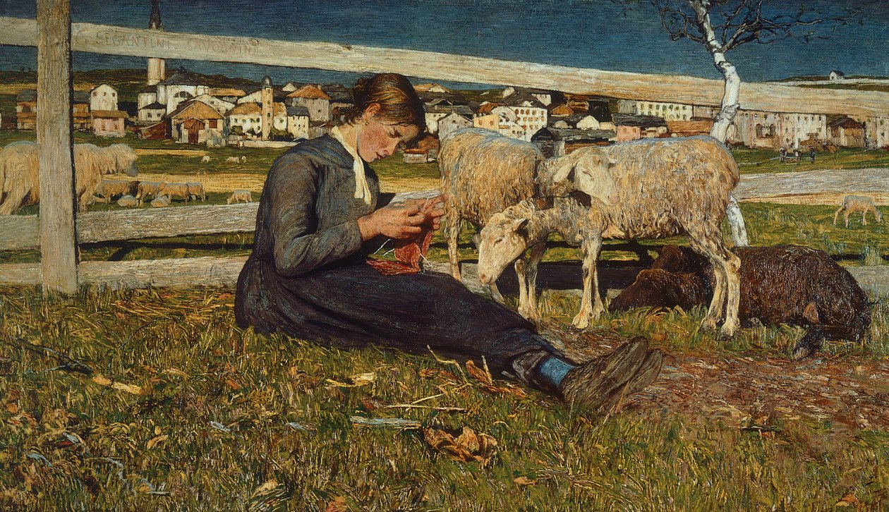 Pige laver sokker af Giovanni Segantini (1858-1899), olie på lærred, 54x88 cm af Giovanni Segantini