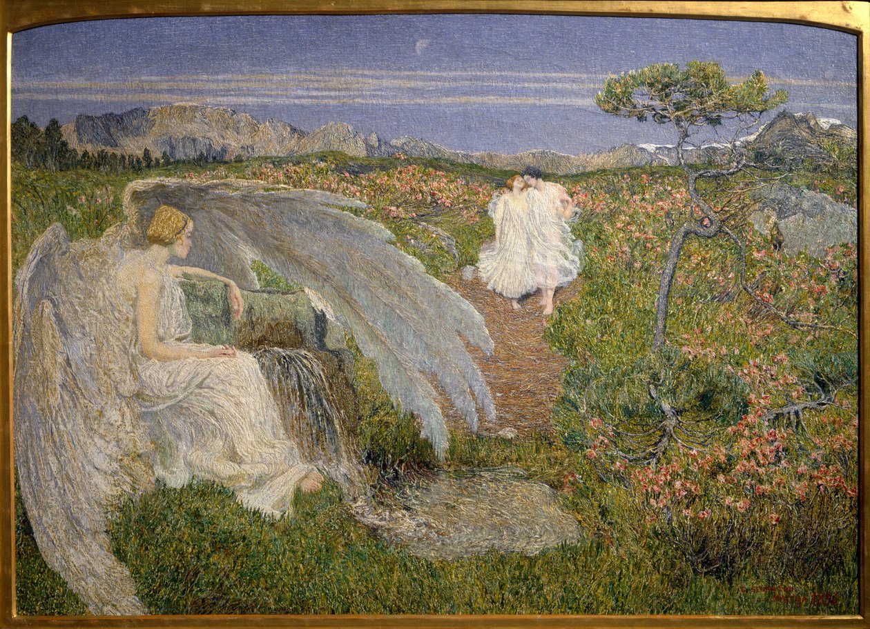 Love Source of Life: En engel, der ser et par gå i et drømmeagtigt landskab af Giovanni Segantini