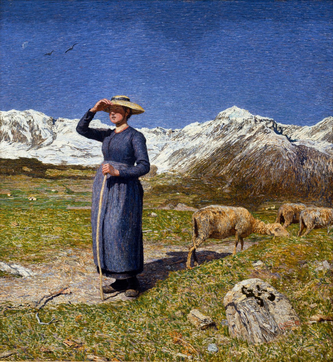 Middag i Alperne En bergere, der beskytter hendes øjne mod solen. Maleri af Giovanni Segantini (1858-1899) 1891 søn. 7,5x71,57 cm Samling O. Fischebacher af Giovanni Segantini