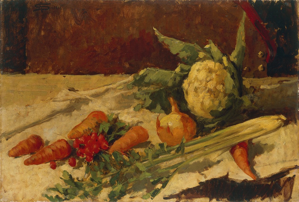Stilleben med gulerødder, af Giovanni Segantini (1858-1899), olie på lærred, 51x75 cm af Giovanni Segantini