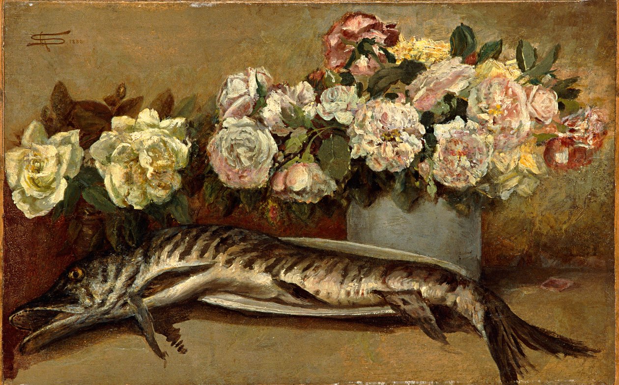 Stilleben med blomster og fisk eller gedder og roser af Giovanni Segantini