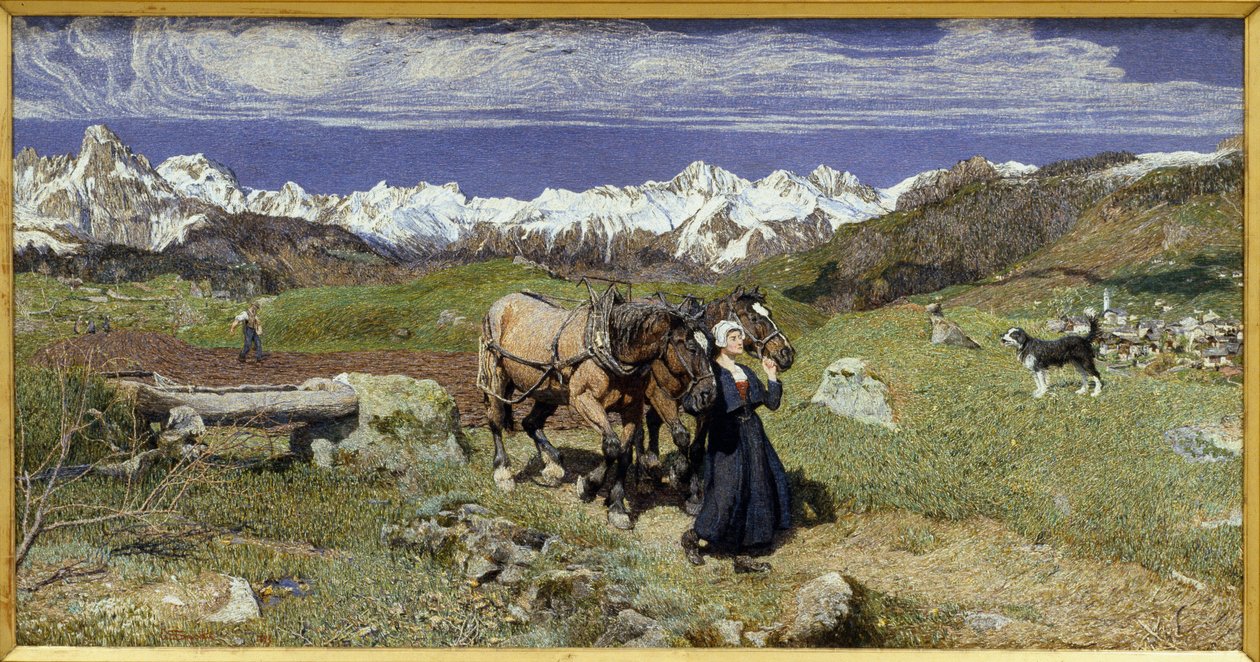 Alpernes bjerge om foråret (1879, Olie på lærred) af Giovanni Segantini
