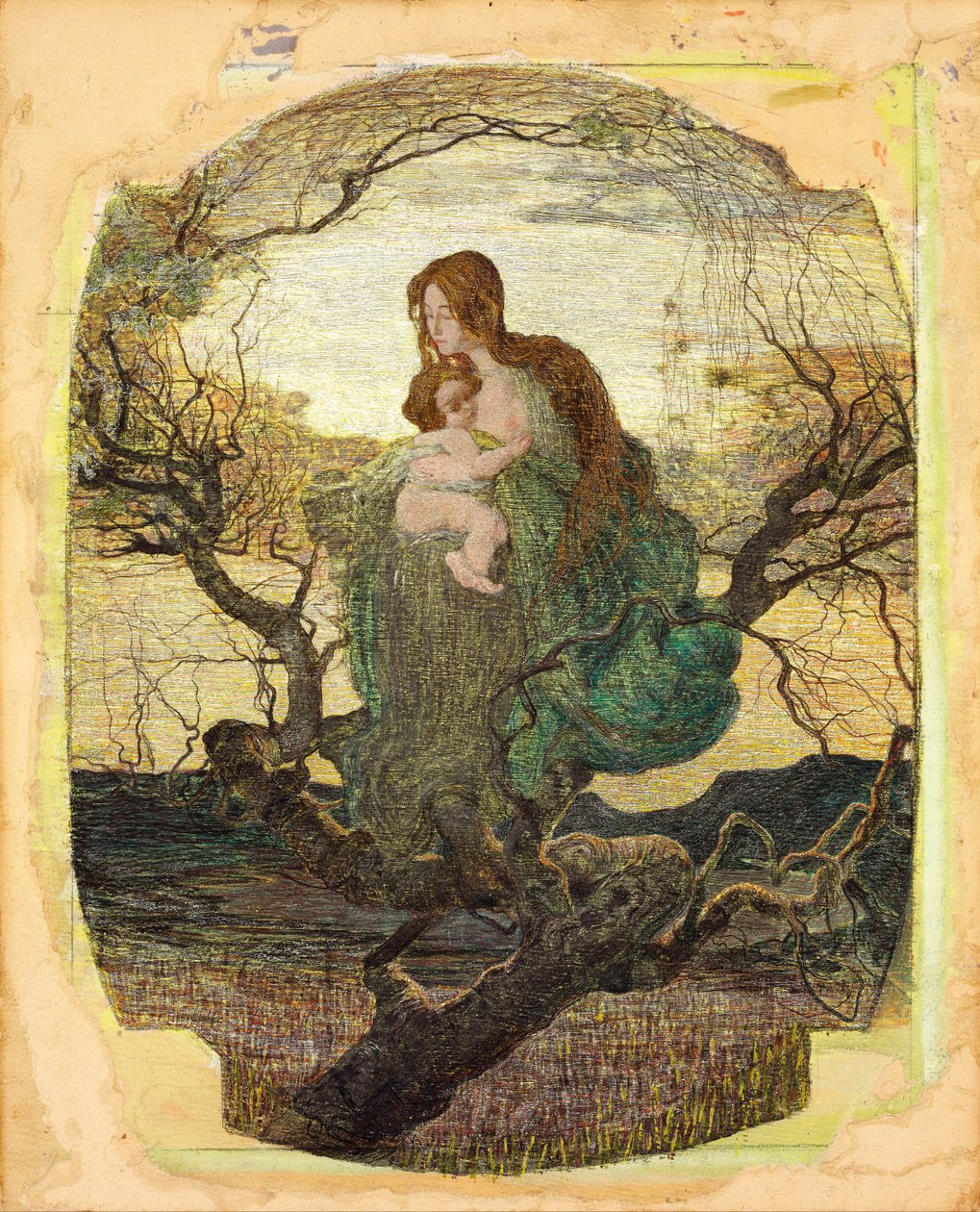 Livets engel - Peinture de Giovanni Segantini (1858-1899) - 1894-1895 - Akvarel, gouache, guld og hvide farver på papir - 59,5x47,9 - Szepmuveszeti Muzeum, Budapest af Giovanni Segantini