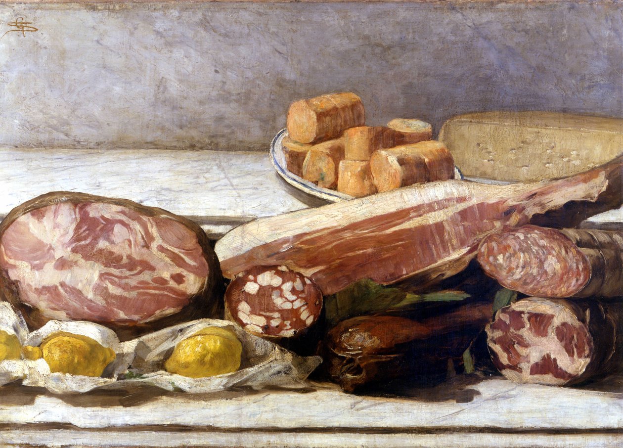 Glæden ved farve, stilleben af pålæg. Maleri af Giovanni Segantini (1858-1899). 1886. Milan, al. private. af Giovanni Segantini
