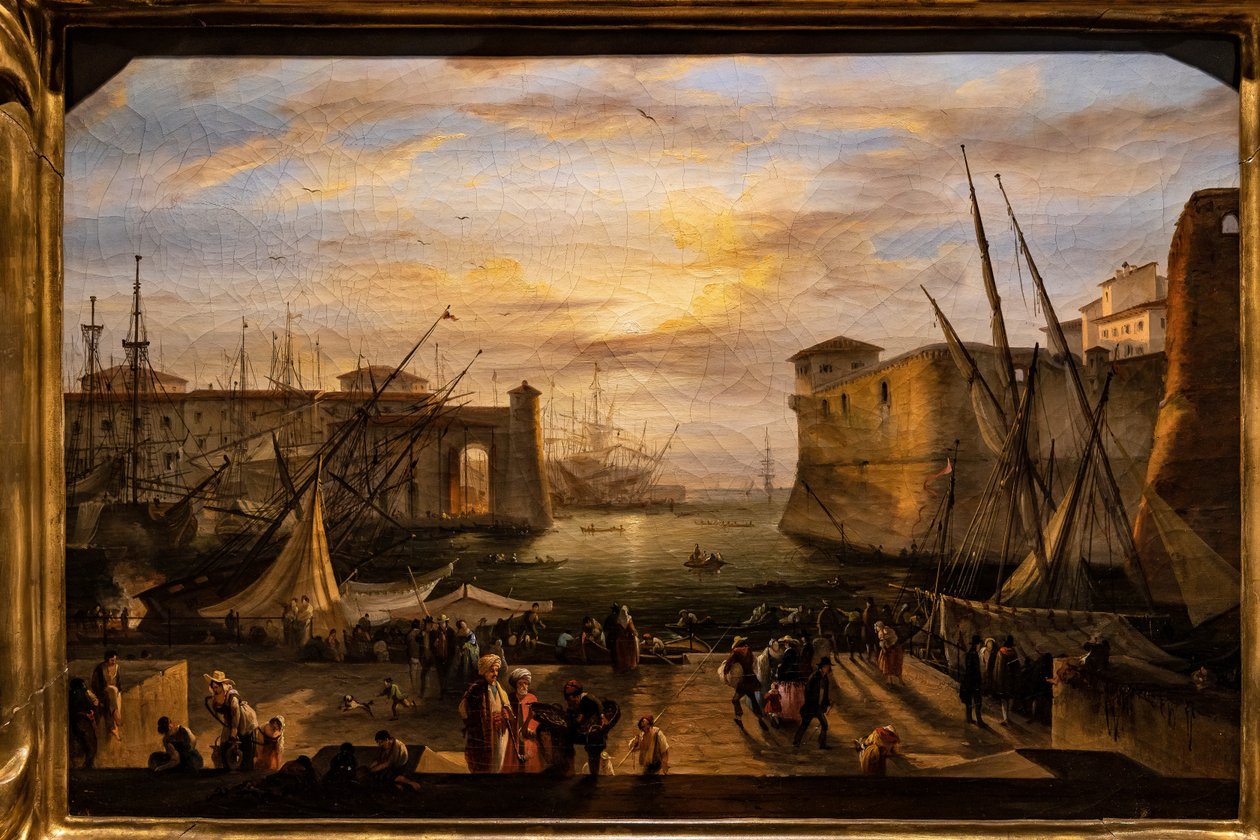 Marinaen i Livorno og Medici-fæstningen i baggrunden af Giovanni Signorini