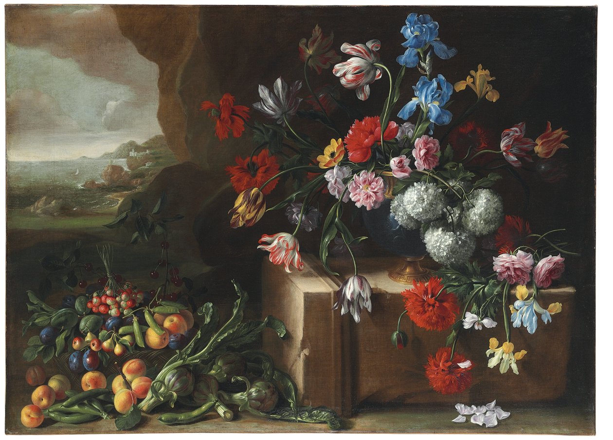 Krysantemum, tulipaner, iris og andre blomster og frugter i et landskab af Giovanni Stanchi