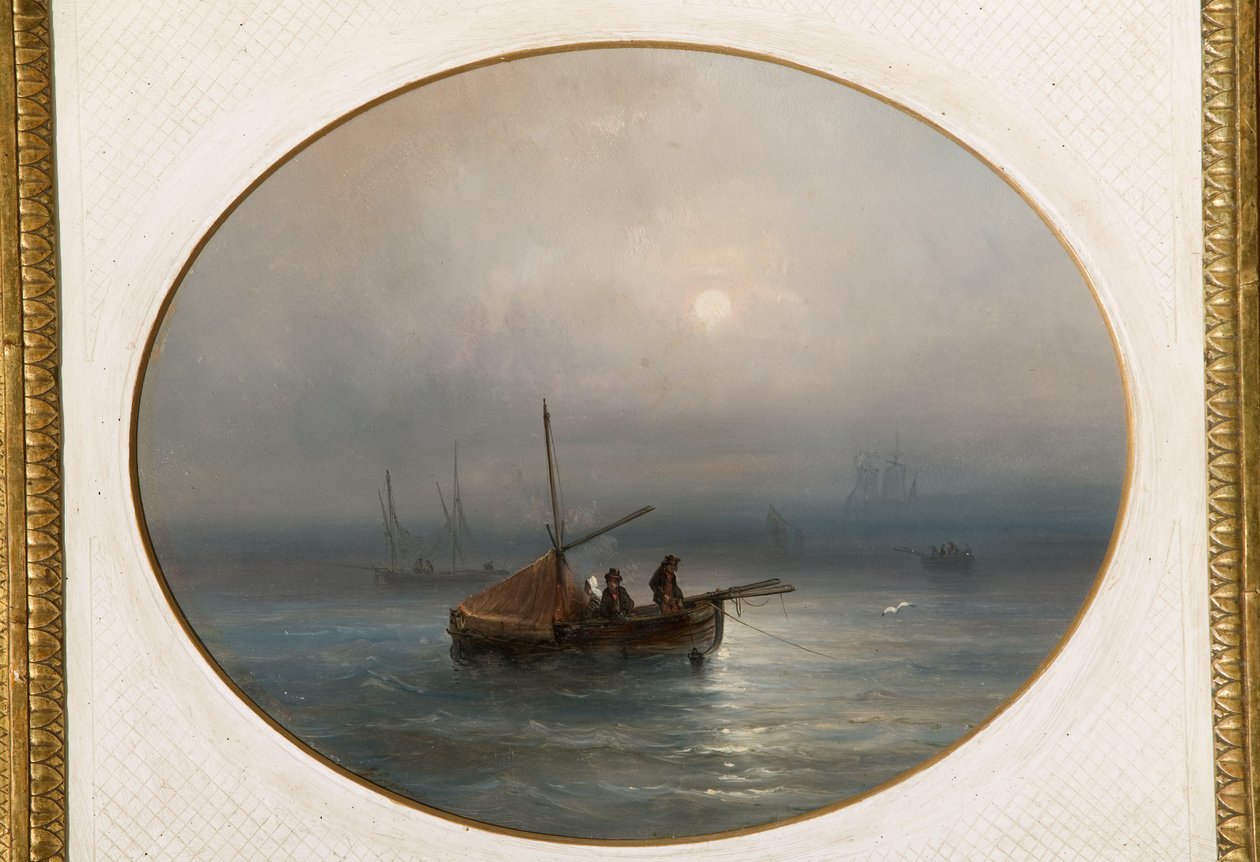 Marina med både (olie på pap) af Giovanni Susani