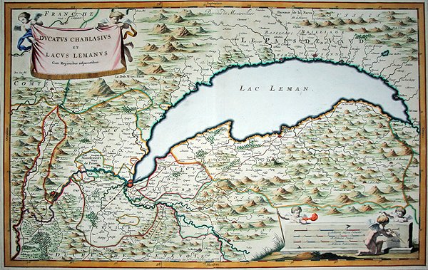 Genevesøen, fra en bybog i to bind om Savoyen og Piemonte, indgraveret af Joannes de Broen (1649-c.1730) af Giovanni Tommaso (after) Borgionio