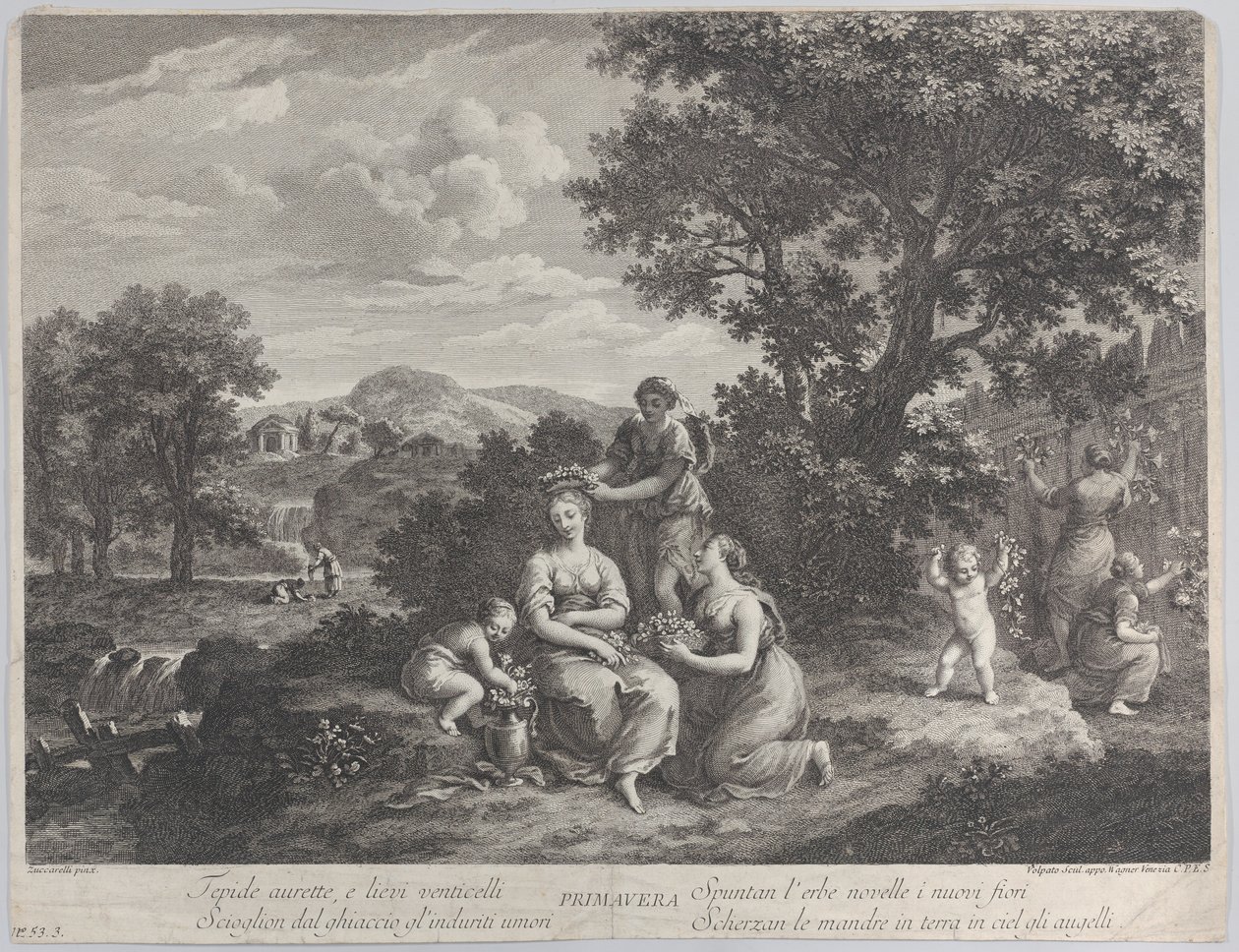 Primavera, en gruppe kvinder, der samler blomster og laver kroner af dem, ca. 1764. af Giovanni Volpato