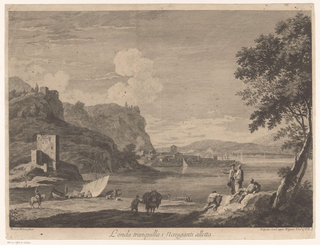 Rivierlandschap Den rolige bølge i Naviganti lokker (titel på objekt) af Giovanni Volpato