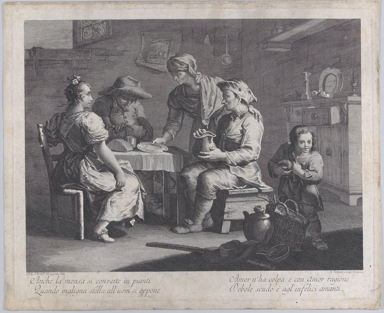 Tre personer sad omkring et bord til venstre, mens en mand medbringer en tom tallerken..., 1760-70. af Giovanni Volpato