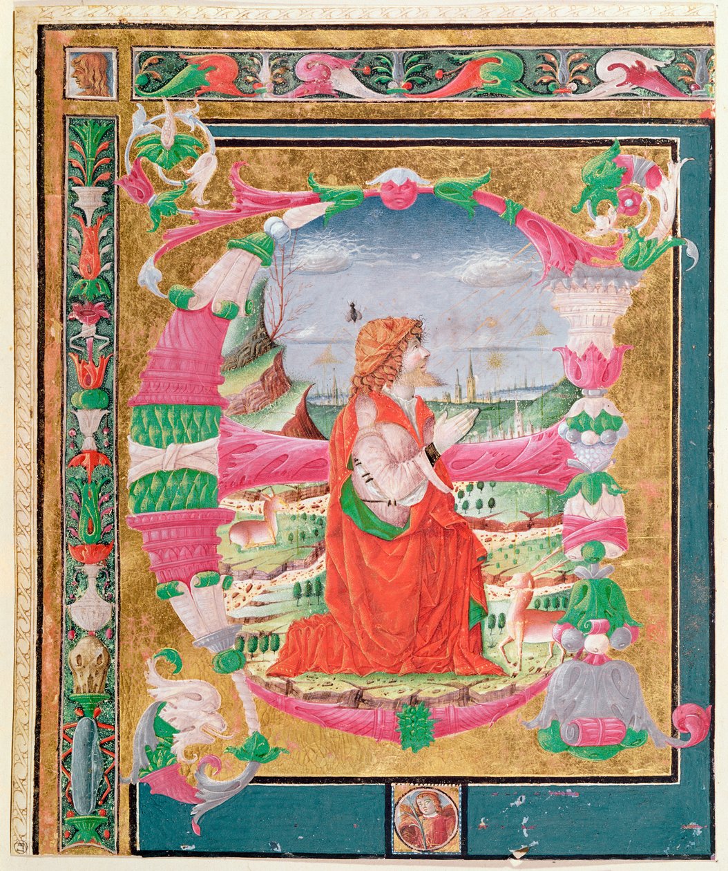Historikert begyndelsesbogstav E med en knælende figur af kong David, 1482-83 (wc på papir) af Giovanni and Cicognara, Antonio Gadio
