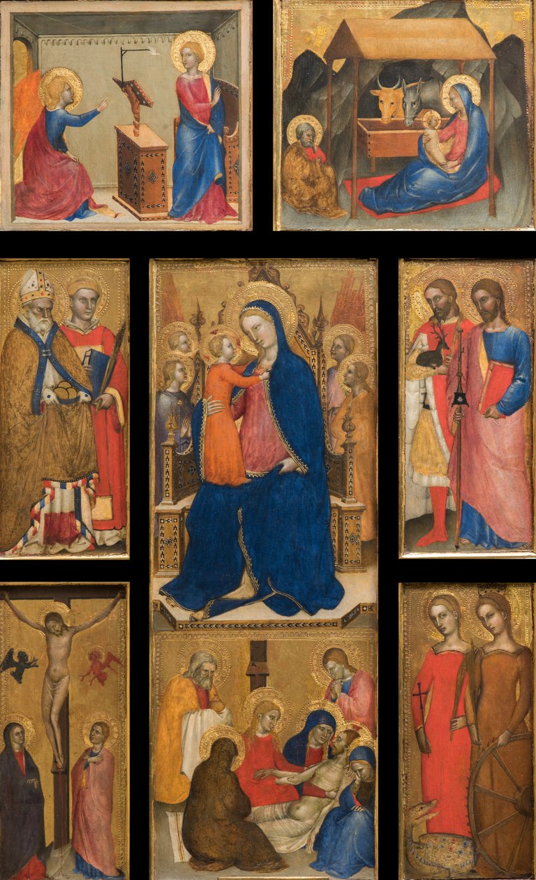 Italiensk:  Polittico con Madonna con Bambino Madonna og barn med helgener af Giovanni da Milano