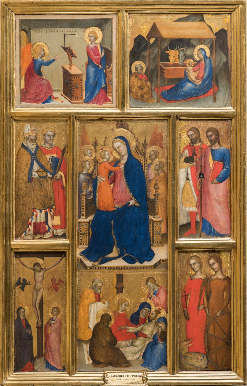 Italiensk:  Polittico con Madonna con Bambino Madonna og barn med helgener af Giovanni da Milano