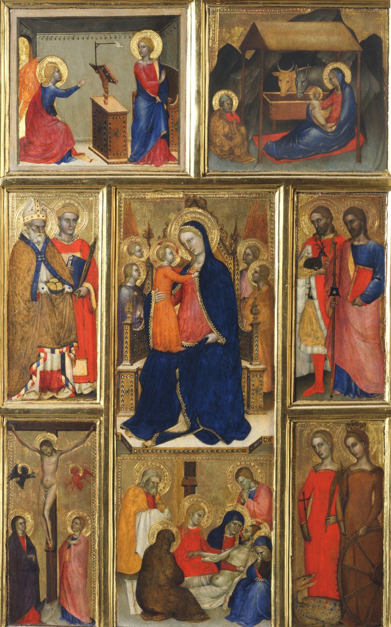 Polyptykon: Jomfru Maria med barn og hellige af Giovanni da Milano