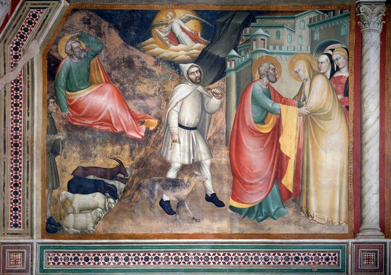 Jomfruens liv: bebudelsen til Joachim og mødet med den hellige Anne ved den gyldne port (Fresco af Giovanni da Milano