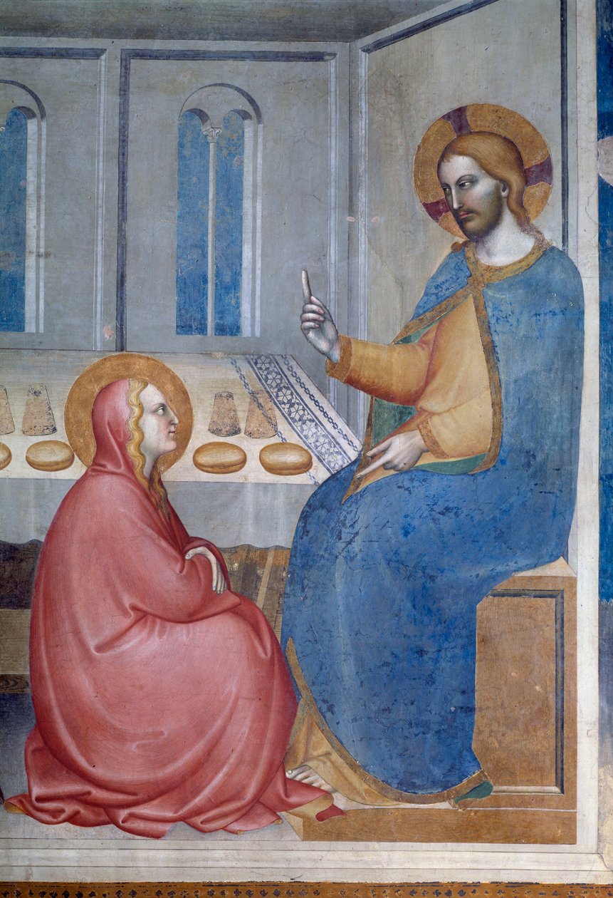 Jomfruens liv: Kristus i Marthas og Marias hus (detalje) - Fresco af Giovanni da Milano
