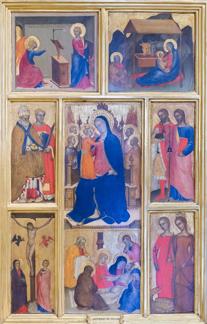 Jomfru Maria og barn med helgener og scener fra Kristi liv af Giovanni da Milano