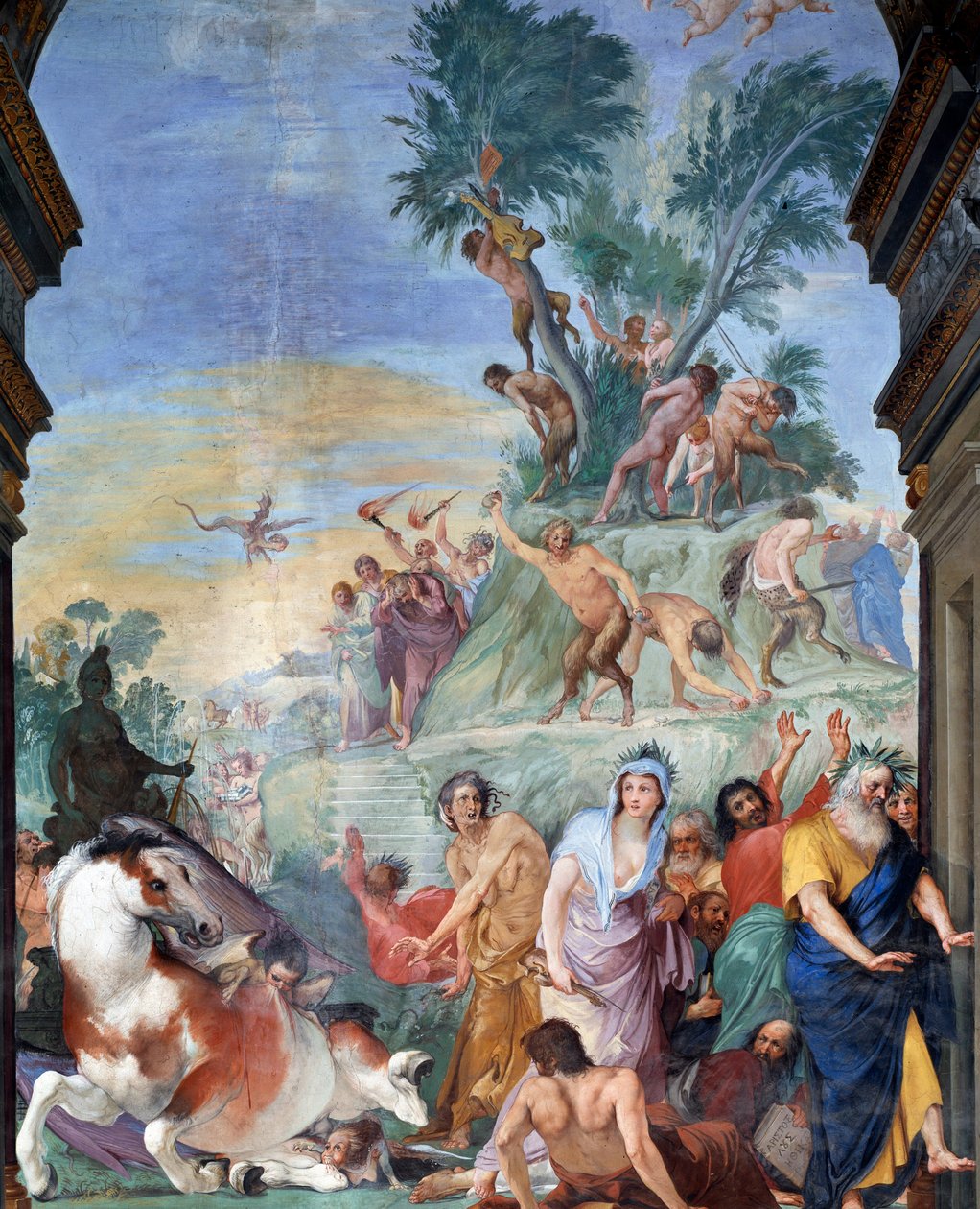 Muserne og digterne jager af Parnassus (muser og digtere fordrevet fra Parnassus) Fresco-detalje af Giovanni da San Giovanni (1592-1636) 1634-1642 Museo degli argenti, Palazzo Pitti, Firenze af Giovanni da San Giovanni
