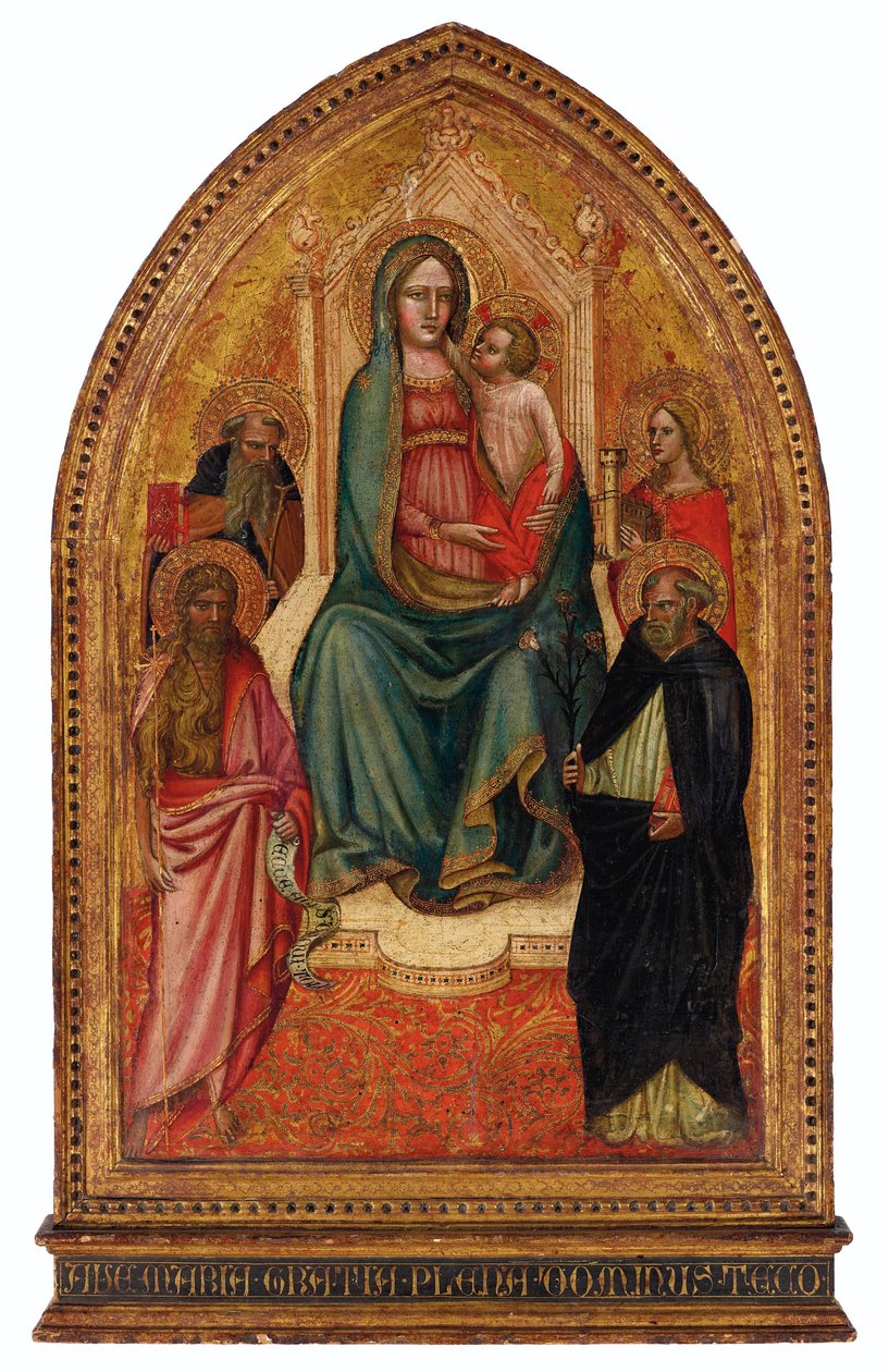 Madonna og barnet på tronen med de hellige Barbara, Dominikus, Johannes Døberen og Antonius Abbot af Giovanni dal Ponte