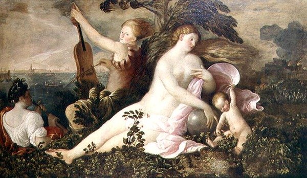 Allegori om en venetiansk sejr, lykkens eller tilfældighedens centrale figur ledsaget af figurer, der symboliserer natur og musik, ca. 1518 af Giovanni de Busi Cariani