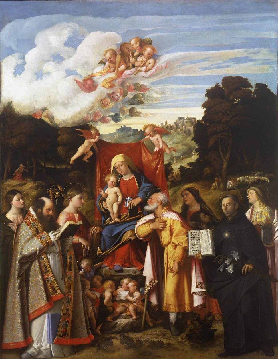 Madonna tronet med engle, Skt. Apollonia, Skt. Augustin, Skt. Catherine, Skt. Joseph, Skt. Grata, Skt. Philip Benizzi og Skt. Barbara (St. Gotthard altertavle) af Giovanni de Busi Cariani