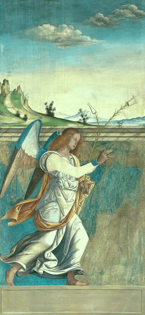 Angel Gabriel, bebudelsespanel, der oprindeligt dannede en af de udvendige skodder på orglet i San Bartolomeo, Vicenza (tempera på lærred) (se 183650) af Giovanni de