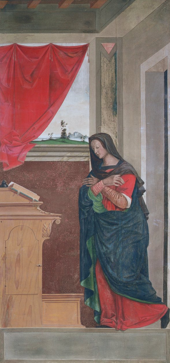 Virgin Annunciate, bebudelsespanel, der oprindeligt dannede en af de udvendige skodder på orglet i San Bartolomeo, Vicenza (tempera på lærred) (se 183650) af Giovanni de