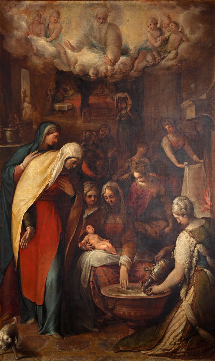 Den hellige jomfru Marias fødsel, slutningen af det 16. århundrede.. af Giovanni de Vecchi